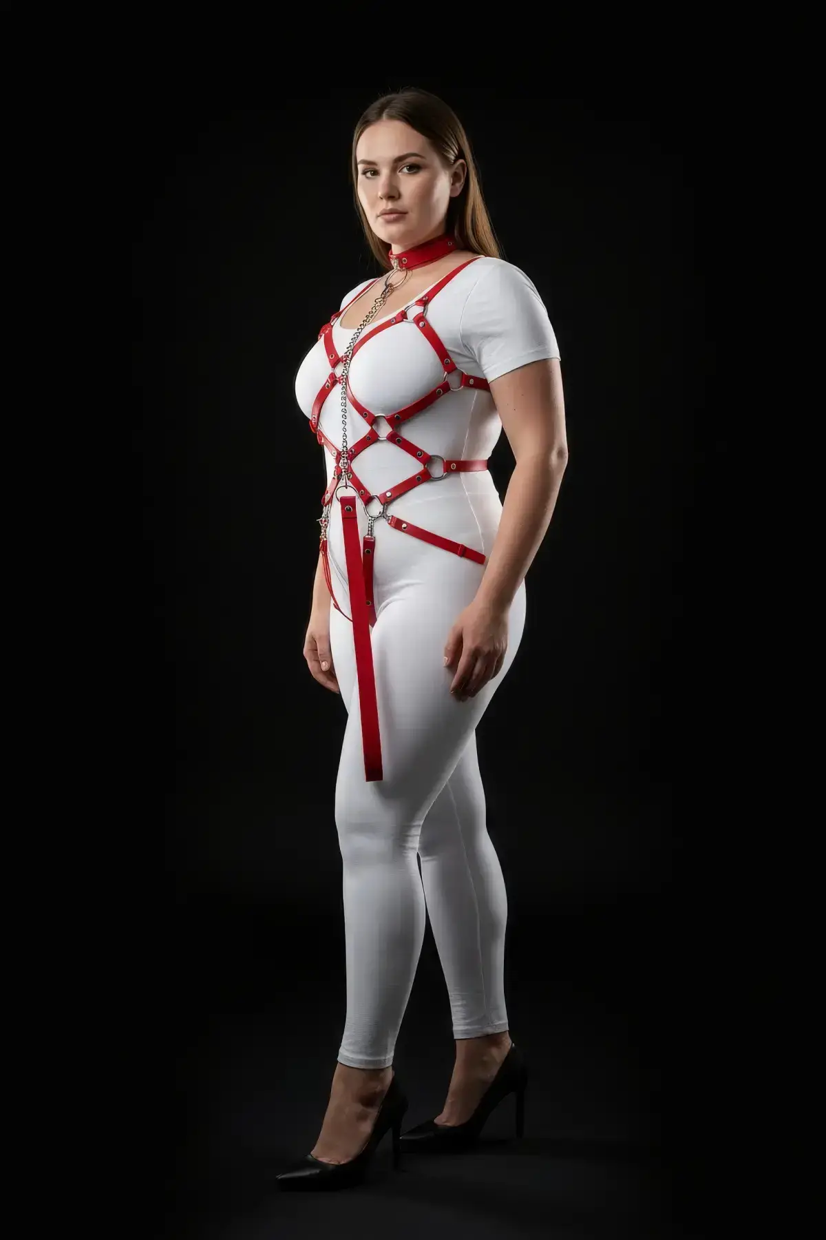 Plus Size Red Women's Leather Harness Set with Chain Detail Fantasy Accessory - SH1350