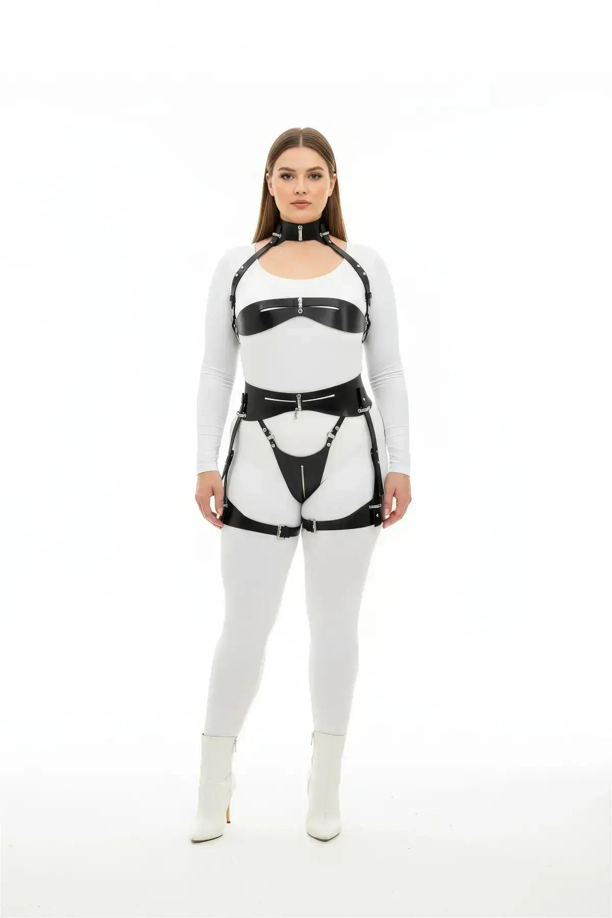 Plus Size Black Women's Leather Harness Set with Garter, Fantasy Body Accessory - SH1373