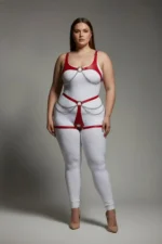 Plus Size Red Women's Leather Harness Set with Chain Detail Body Accessory - SH1384