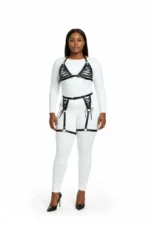 Plus Size Black Women's Leather Harness Set with Garter and Lace-up Fantasy Combination - SH1389