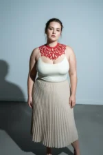 Plus Size Red Women's Choker Dress with Laser Cut Details - SH1407 - Image 3