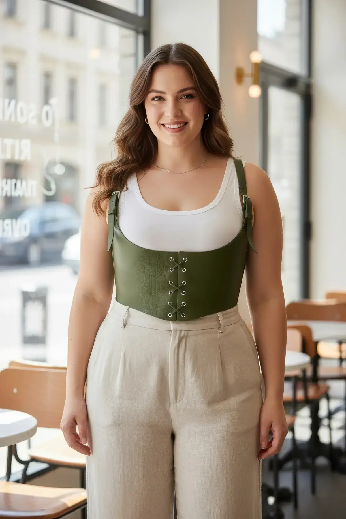 Plus Size Khaki Women's Belted Corset-Style with Tie Detail - SH1428