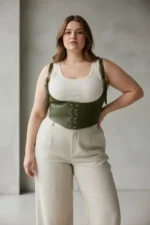 Plus Size Khaki Women's Belted Corset-Style with Tie Detail - SH1428 - Image 2