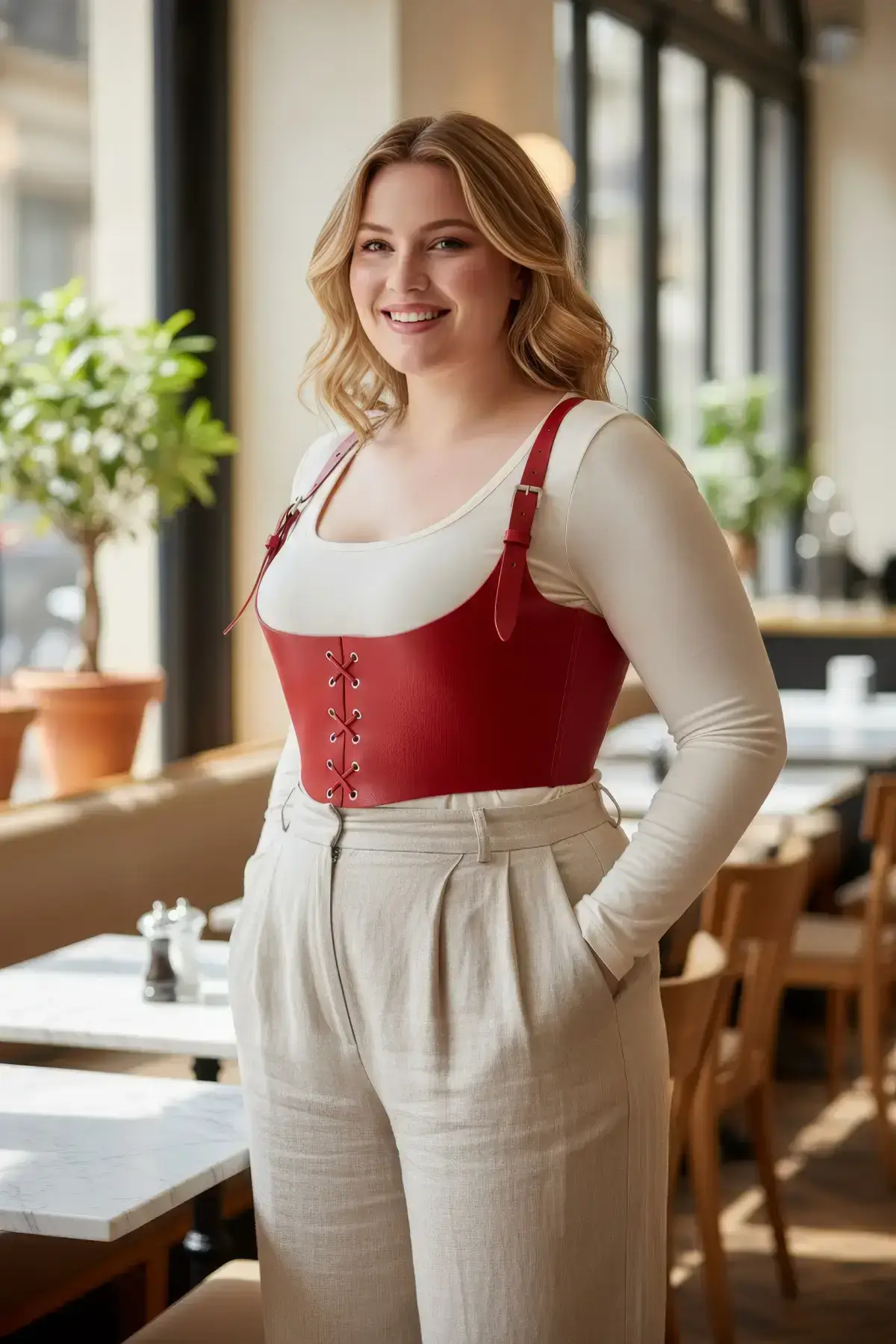 Plus Size Red Women's Leather Corset Harness with Belt Laces - SH1428