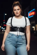 Plus Size Black Women's Leather Belted Shoulder Strap Lace-up Corset - SH1429 - Image 2