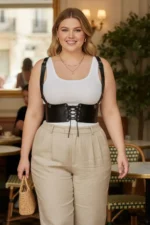 Plus Size Black Women's Leather Belted Shoulder Strap Lace-up Corset - SH1429 - Image 5