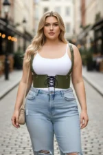 Plus Size Khaki Women's Belted Shoulder Strap Tie-Up Corset Style - SH1429 - Image 2