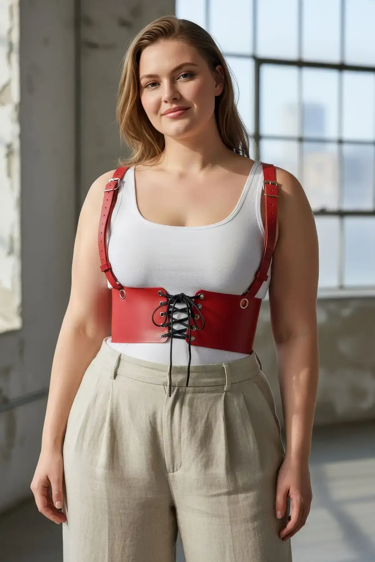 Plus Size Red Women's Leather Strappy Corset with Belt and Lace-up Design - SH1429