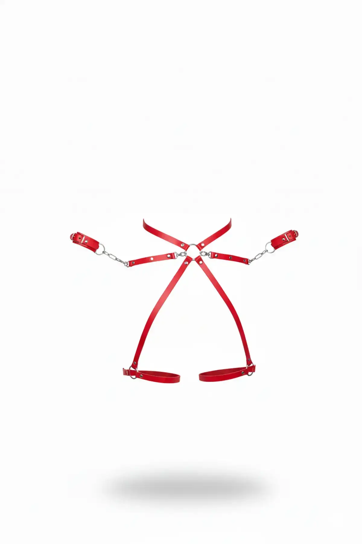 Red Harness Set Leather Bodysuit with Chain Detail - SH772