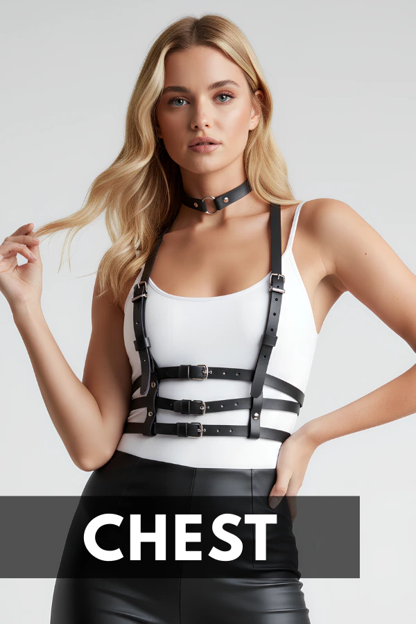 Women's leather chest harness highlighting bustier fashion